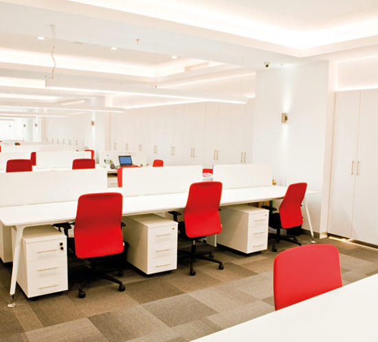 Red chairs in office